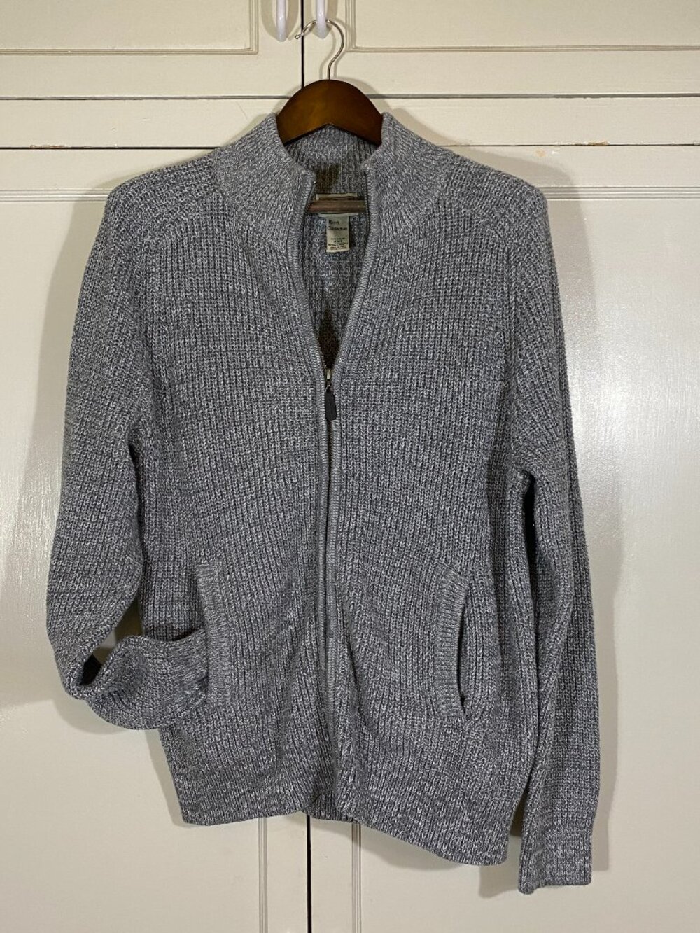 LL BEAN Gray Cotton Shaker Stitch Full Zip Cardigan Sweater Men's Medium ($89)